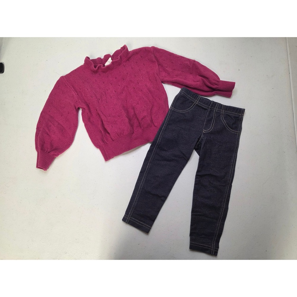 Carters H&M Toddler Girls 2T Magenta Pointelle Sweater & Denim Jeggings Set